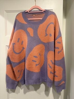 Lavender & Peach Smiley-Pattern Crewneck Sweater